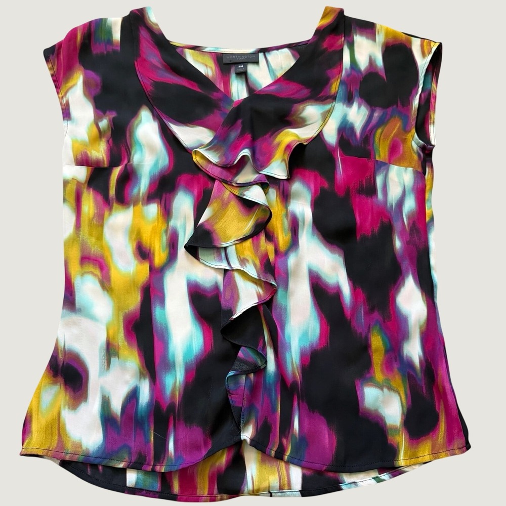 Worthington Petite Abstract Watercolor Ruffle V-Neck Sleeveless Blouse Magenta